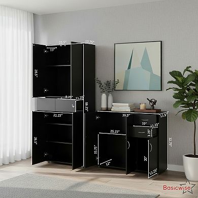 Basicwise 2-Piece Black Buffet Table with Drawers & Tall Cabinet with Adjustable Shelves