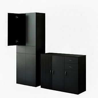 Basicwise 2 pc Black Buffet Table with Drawers & Tall Cabinet with Adjustable Shelves