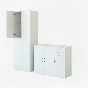 Basicwise 2 pc Black Buffet Table with Drawers & Tall Cabinet with Adjustable Shelves