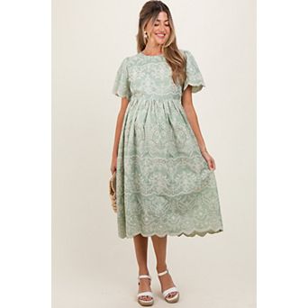 Maternity Olive Floral Embroidered Tied Waist Midi Dress