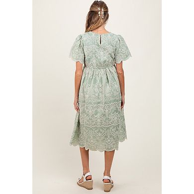 Maternity Olive Floral Embroidered Tied Waist Midi Dress