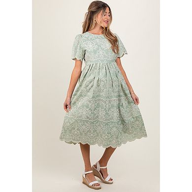 Maternity Olive Floral Embroidered Tied Waist Midi Dress