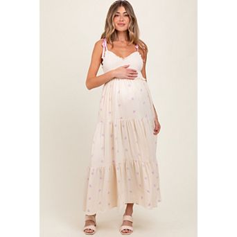 Maternity Embroidered Smocked Shoulder Tie Maxi Dress