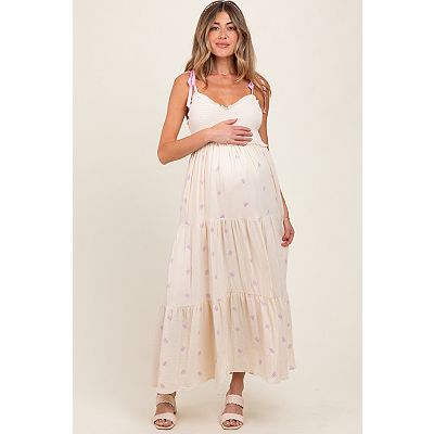 embroidered maternity maxi dress Cream Embroidered Sequin Detail Mesh Overlay Maternity Maxi Dress