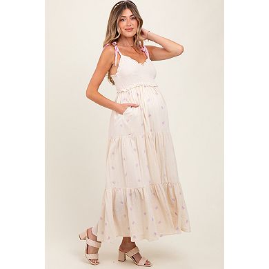 Maternity Embroidered Smocked Shoulder Tie Maxi Dress