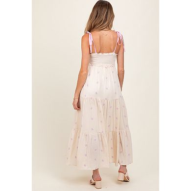 Maternity Embroidered Smocked Shoulder Tie Maxi Dress