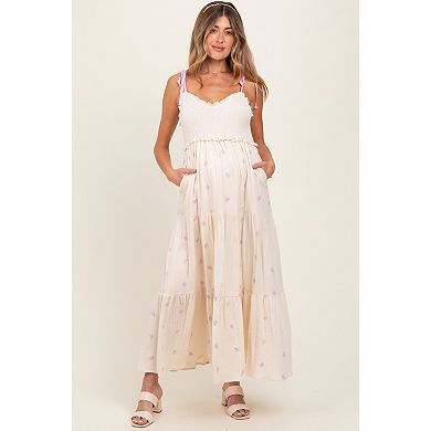 Maternity Embroidered Smocked Shoulder Tie Maxi Dress