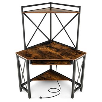 Gymax Corner Desk Space-Saving Computer Desk w/ Shelves & Keyboard Tray Rustic Brown