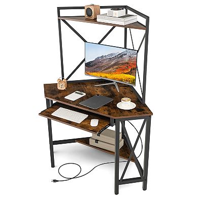 Gymax Corner Desk Space-Saving Computer Desk w/ Shelves & Keyboard Tray Rustic Brown