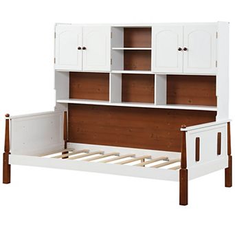 Gymax Daybed w/ Bookcase Wooden Platform Bed w/ Shelves & Cabinets