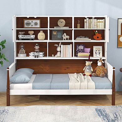 Gymax Daybed w/ Bookcase Wooden Platform Bed w/ Shelves & Cabinets