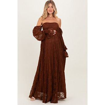 Maternity Lace Smocked Long Sleeve Off Shoulder Maxi Dress