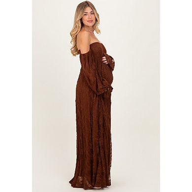 Maternity Lace Smocked Long Sleeve Off Shoulder Maxi Dress
