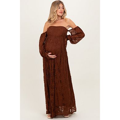 Maternity Lace Smocked Long Sleeve Off Shoulder Maxi Dress