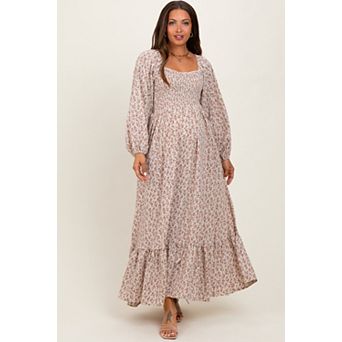 Maternity Floral Smocked Lace Trim Sweetheart Maxi Dress