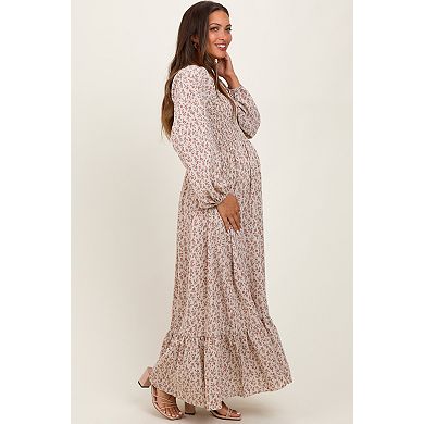 Maternity Floral Smocked Lace Trim Sweetheart Maxi Dress