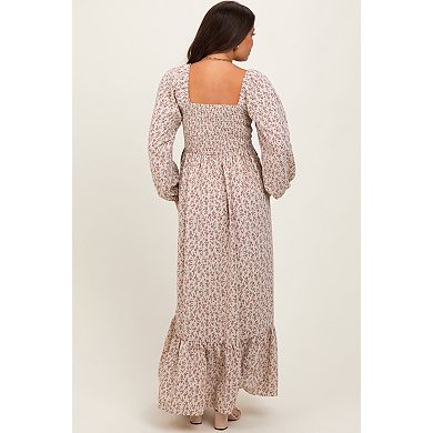 Maternity Floral Smocked Lace Trim Sweetheart Maxi Dress