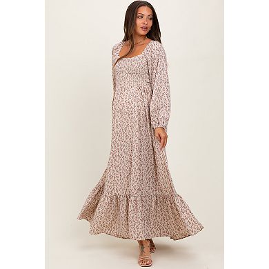Maternity Floral Smocked Lace Trim Sweetheart Maxi Dress