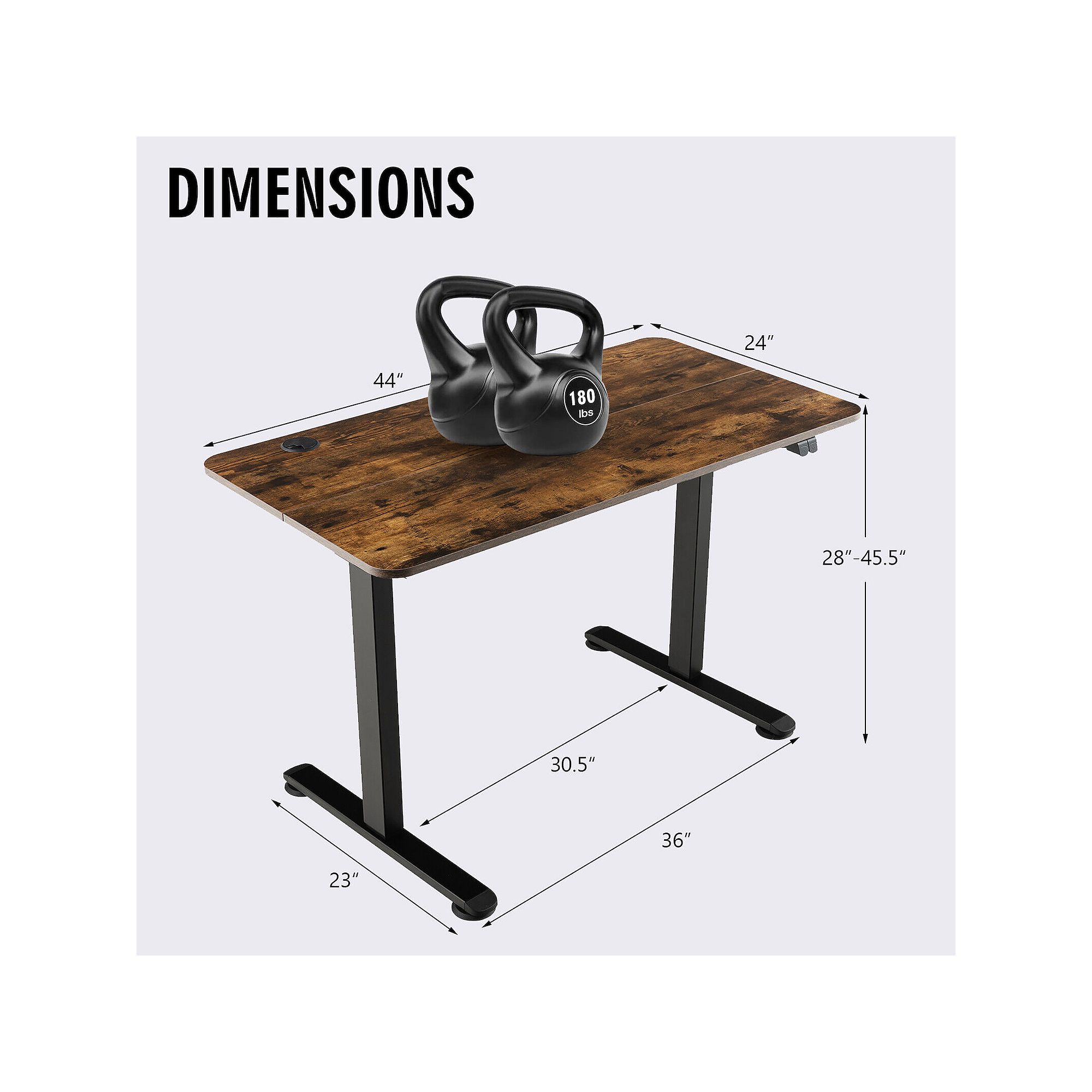 Standing desk dimensions diagram with height and tabletop measurements