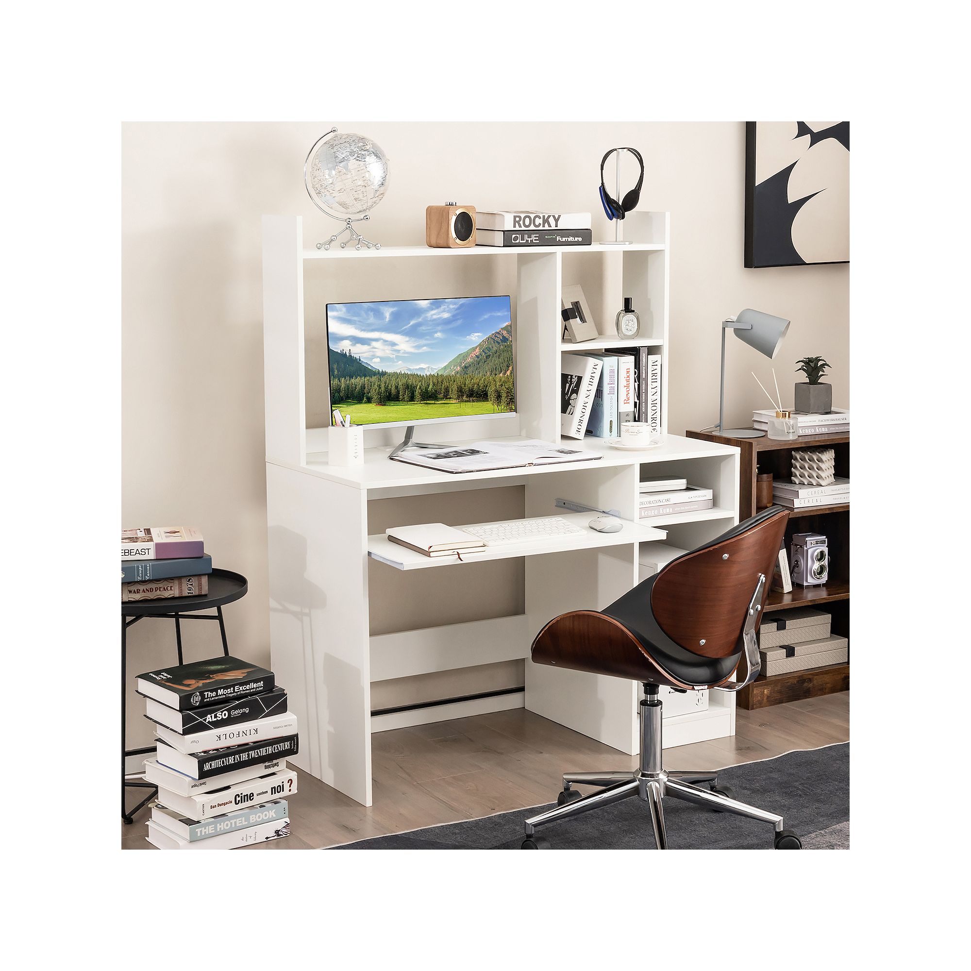 White computer desk with charge station and storage hutch in home workspace