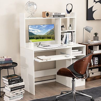 Gymax Computer Desk w/ Built-in Charge Station Wooden Writing Desk w/ Storage Hutch