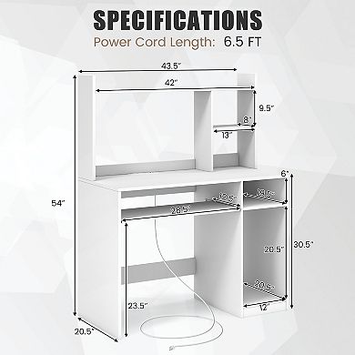 Gymax Computer Desk w/ Built-in Charge Station Wooden Writing Desk w/ Storage Hutch