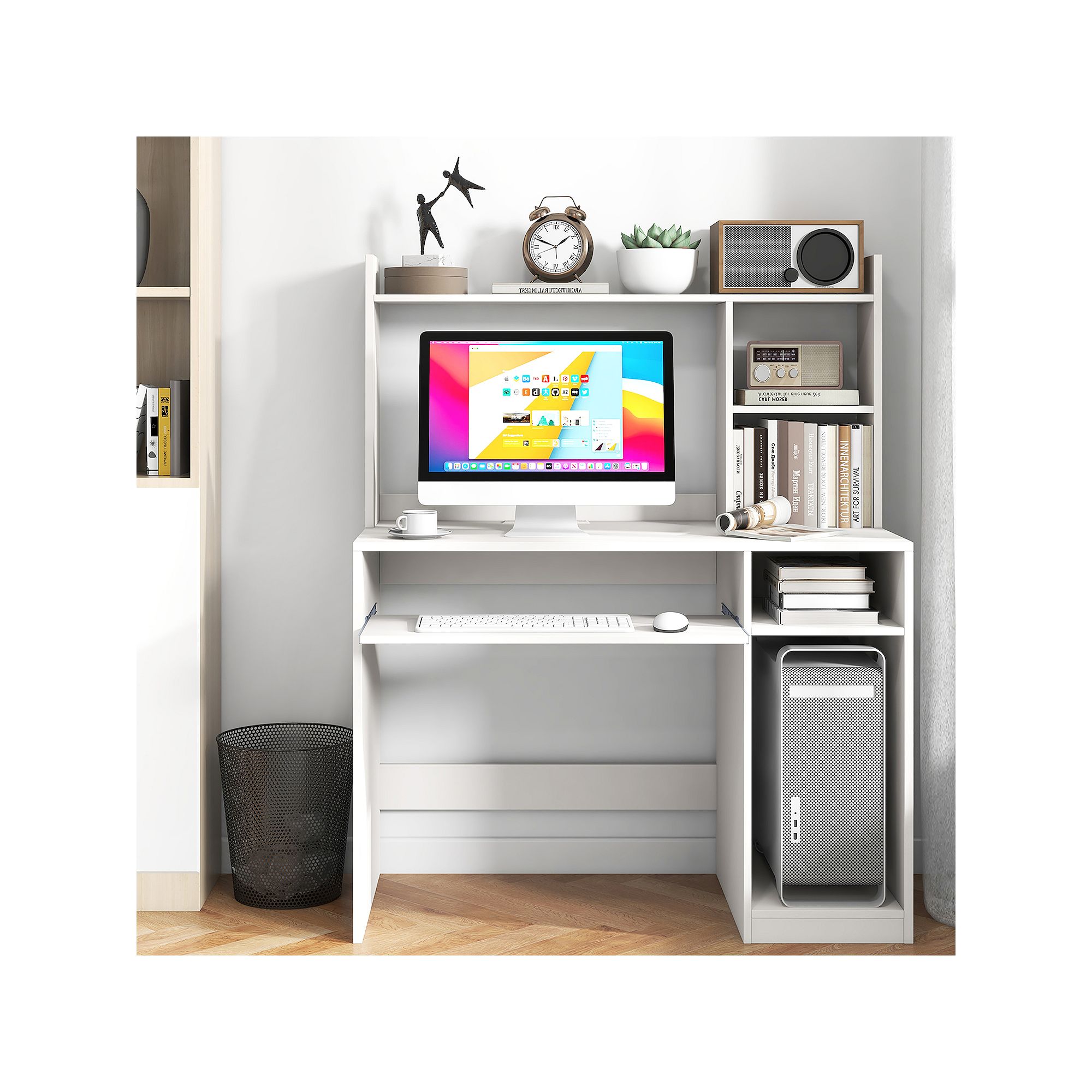 White computer desk with built-in charge station and storage hutch