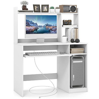 Gymax Computer Desk w/ Built-in Charge Station Wooden Writing Desk w/ Storage Hutch