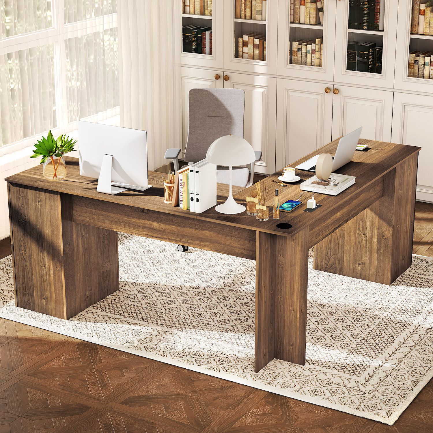 Gymax - 66 Inch L-Shaped Computer Desk Spacious Corner Desk w/ Drawers & Cabinet - Oak