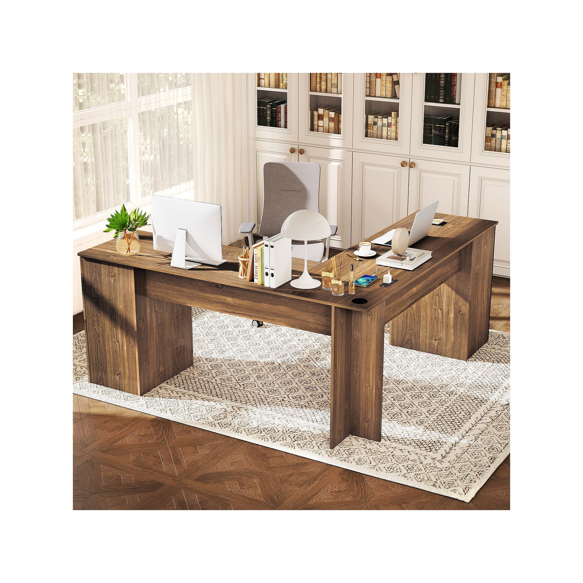 Corner L-shaped desk with drawer cabinets and open center storage, light wood finish