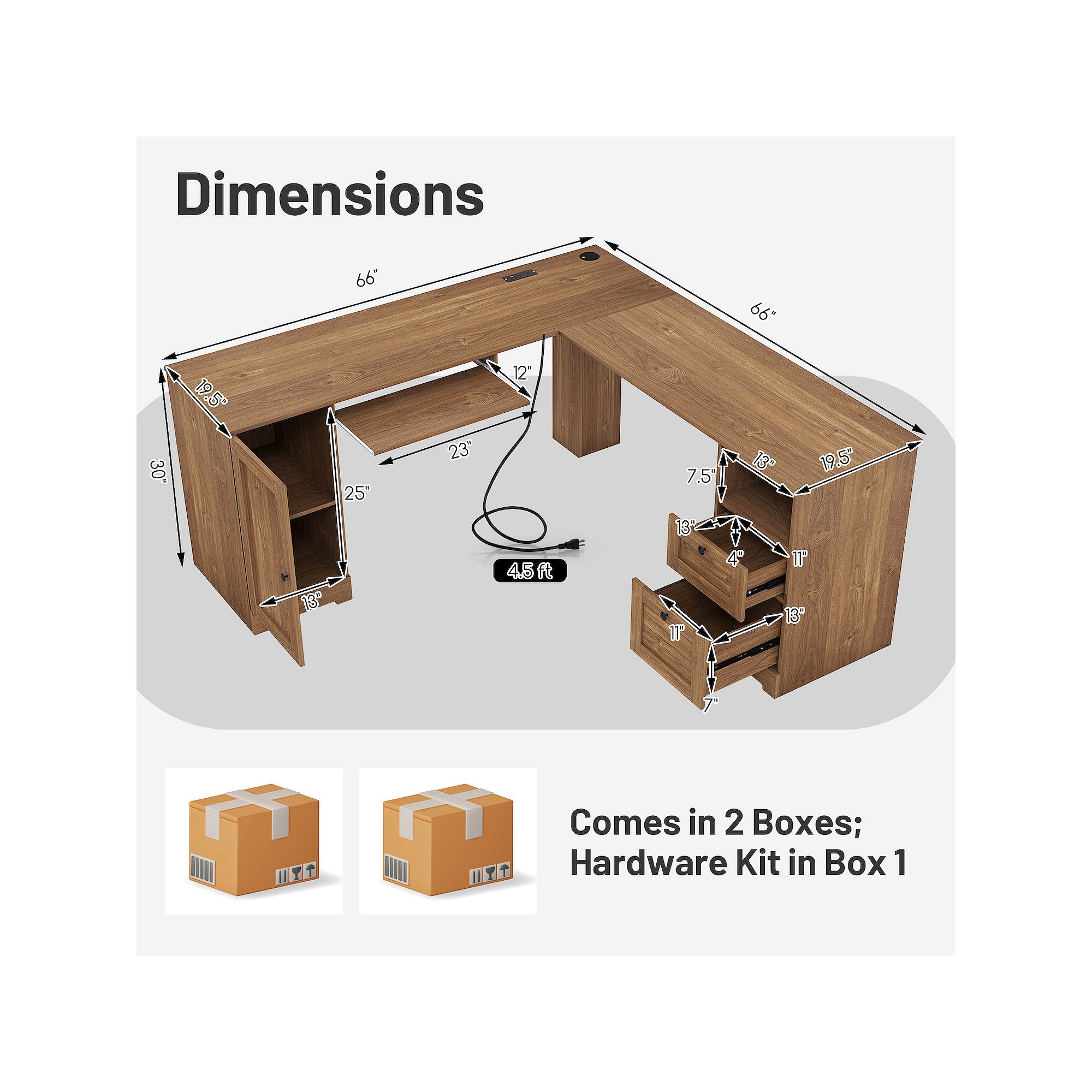 Desk dimensions diagram for 66-inch L-shaped corner desk