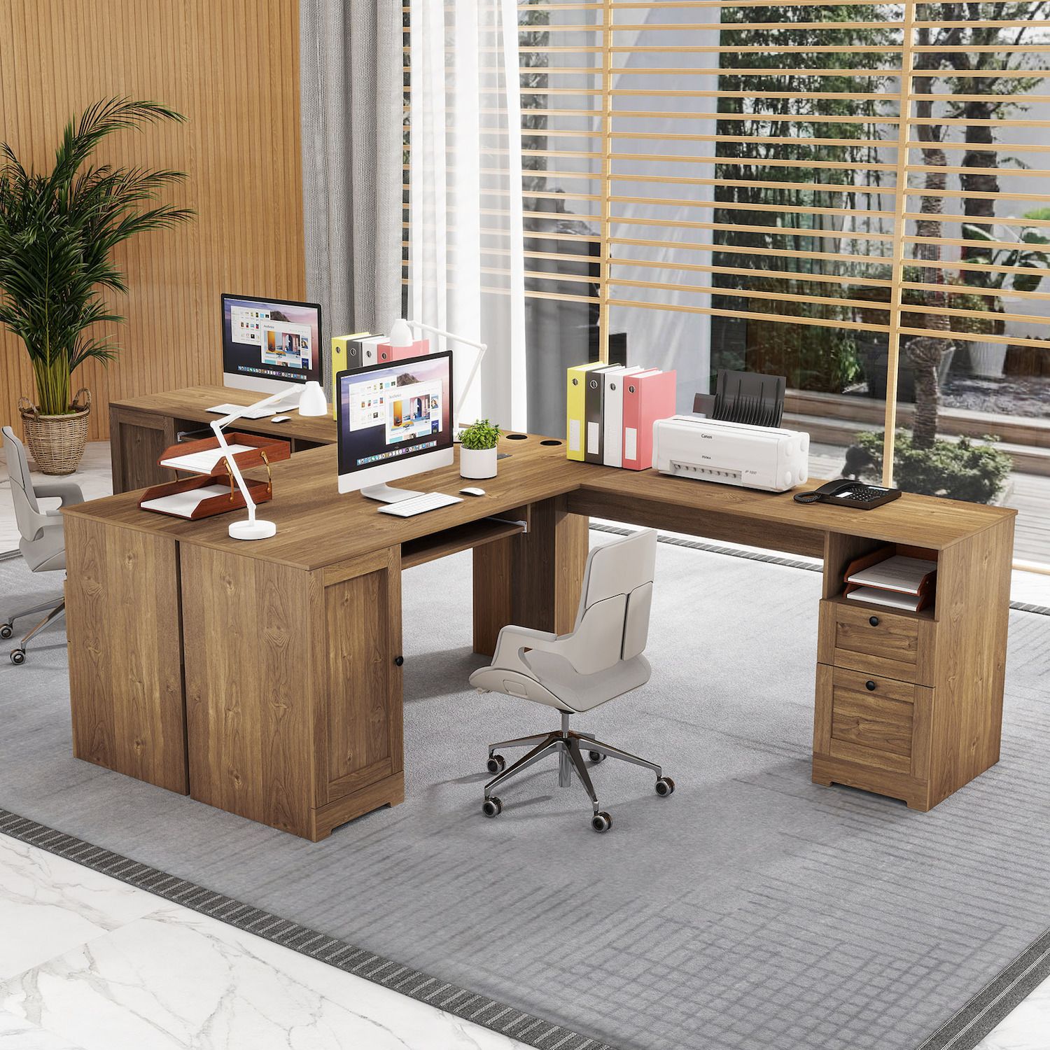 Gymax - 66 Inch L-Shaped Computer Desk Spacious Corner Desk w/ Drawers & Cabinet - Oak - Thumbnail 4