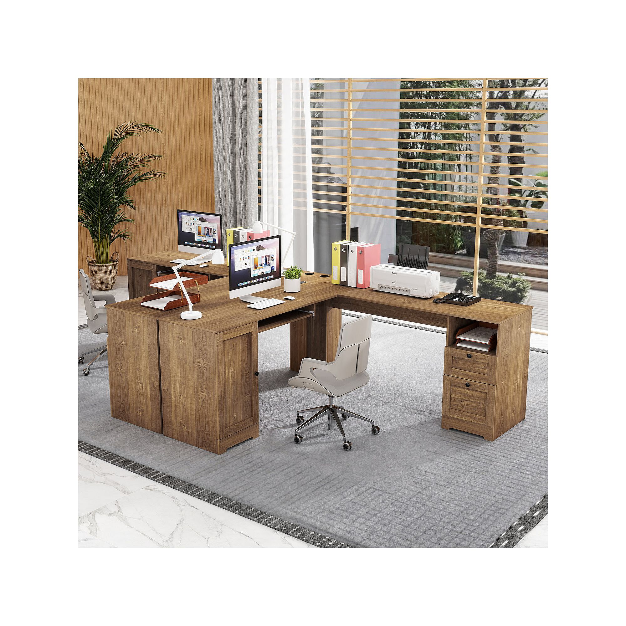 L-shaped corner desk with drawers and cabinet in light wood finish