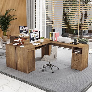 Gymax 66 Inch L-Shaped Computer Desk Spacious Corner Desk w/ Drawers & Cabinet