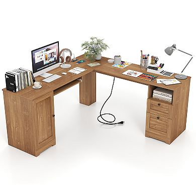 Gymax 66 Inch L-Shaped Computer Desk Spacious Corner Desk w/ Drawers & Cabinet