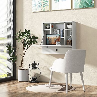 Gymax Wall-mounted Desk Floating Computer Workstation w/ Storage Shelves Home Office