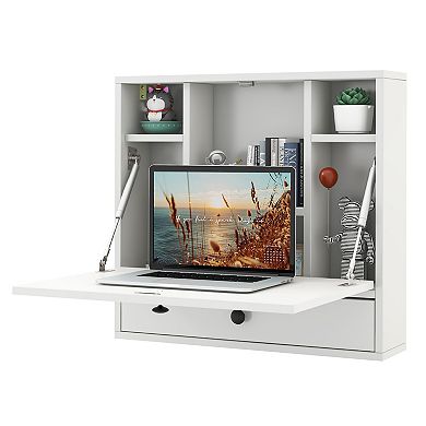 Gymax Wall-mounted Desk Floating Computer Workstation w/ Storage Shelves Home Office