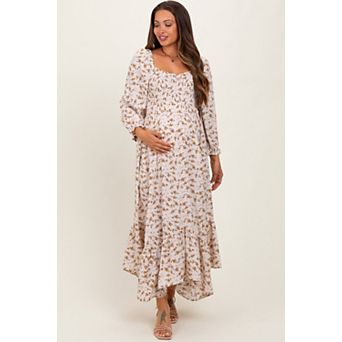 Maternity Floral Smocked Handkerchief Hem Maxi Dress