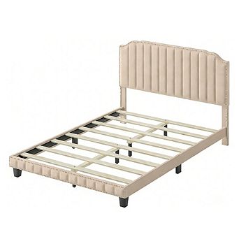 Gymax Upholstered Bed Frame with linen fabric vertical lines Rivets headboard