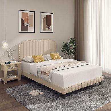 Gymax Upholstered Bed Frame with linen fabric vertical lines Rivets headboard