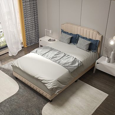 Gymax Upholstered Bed Frame with linen fabric vertical lines Rivets headboard