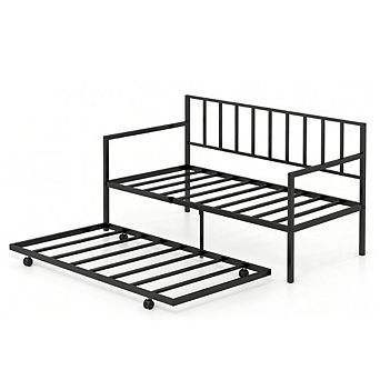 Gymax Metal Daybed Sofa Bed with Trundle & Lockable Casters for Living Room