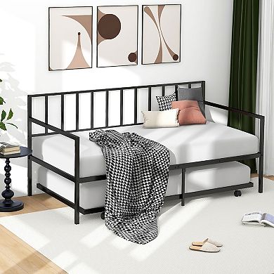 Gymax Metal Daybed Sofa Bed with Trundle & Lockable Casters for Living Room