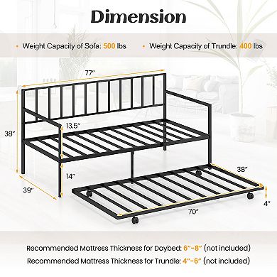 Gymax Metal Daybed Sofa Bed with Trundle & Lockable Casters for Living Room
