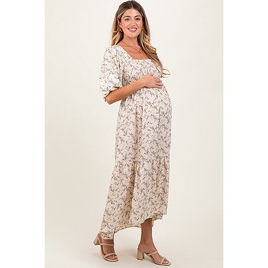 Maternity Floral Smocked Hi-Low Puff Sleeve Maxi Dress