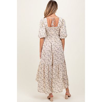 Maternity Floral Smocked Hi-Low Puff Sleeve Maxi Dress