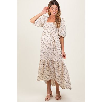 Maternity Floral Smocked Hi-Low Puff Sleeve Maxi Dress