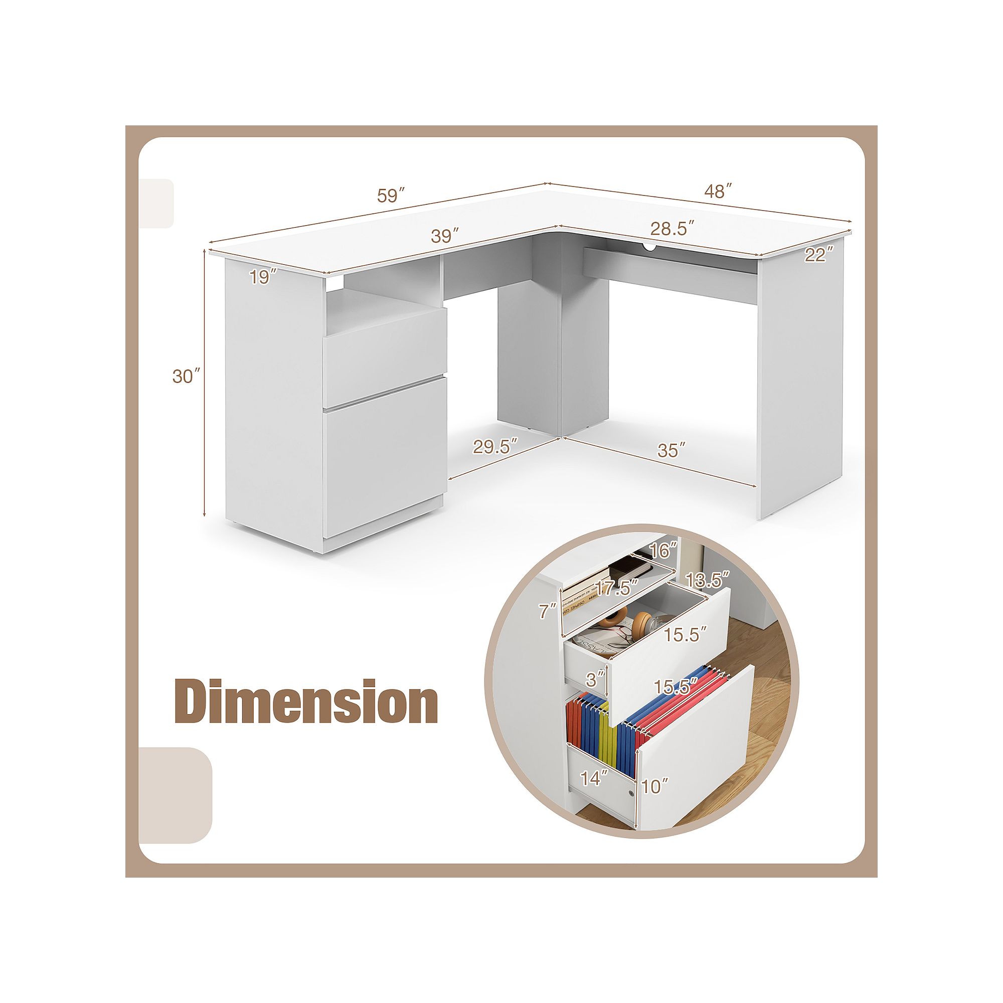 Desk dimension diagram for white L-shaped corner computer desk