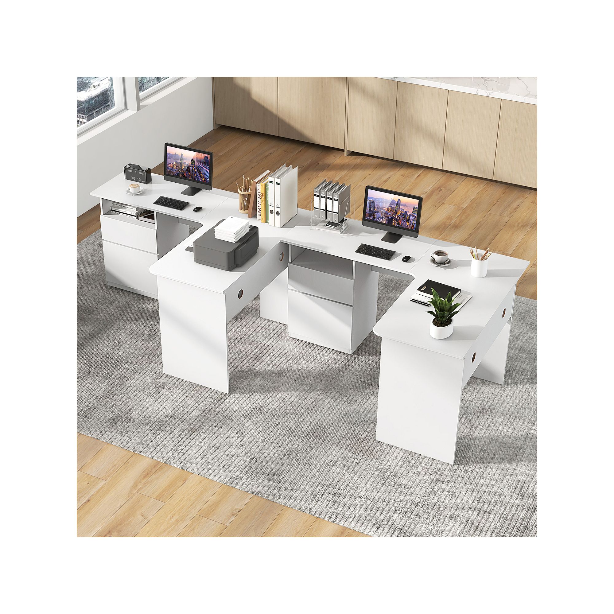 White L-shaped corner desk with file drawer and open shelf in workspace