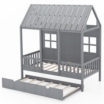 Gymax House Bed with Trundle Fence Decor Wooden Windows Tall Roof